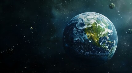 Naklejka premium A stunning view of Earth from space, surrounded by stars and celestial objects, highlighting its beauty and isolation in the universe.