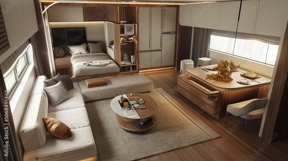 Poster a compact, multi-functional living area with a modular sofa that transforms into a guest bed, a comp