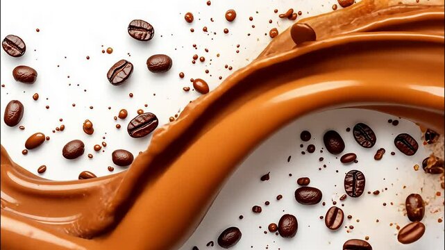 A close-up of coffee beans and a caramel swirl, capturing the richness and indulgence of coffee flavors