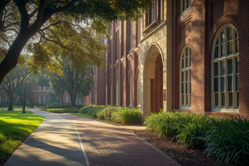 Obraz premium Scenic College Campus Walkway with Brick Building and Greenery in Morning Light.