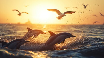 Fototapeta premium Dolphins leaping at sunset