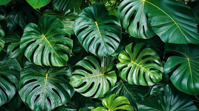 Lush green monstera leaves create a tropical backdrop