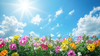 Fototapeta premium Colorful petunia garden under a sunny sky, creating a cheerful and bright background
