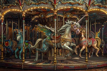A Whimsical Carousel Featuring a Unicorn with Wings