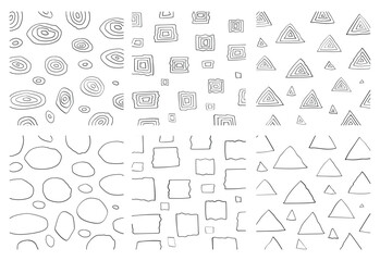 Seamless hand drawn circle, square, triangles striped geometric pattern vector illustration