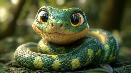 Adorable cartoon green snake with large eyes and vibrant scales, curled up and smiling in a cute, friendly manner