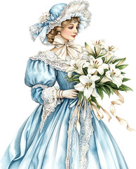 Victorian Woman in Blue Dress Holding White Lilies, Elegant Portrait
