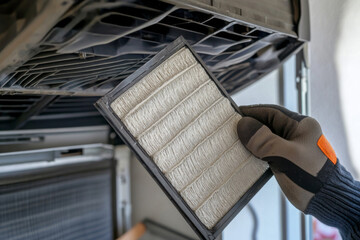 A technician with a gloved hand is carefully removing the filter from an air conditioning unit for routine maintenance in a home. The environment is well-lit and organized.