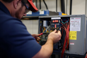 An air conditioning installer is focused on making electrical connections within an HVAC unit, ensuring proper functionality of the system.
