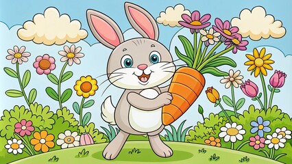 Fototapeta premium Kids Coloring Book Page with Cartoon Rabbit Carrying Carrot - Fun Activity for School Children, Cute Animal Design for Creative Learning, Happy Bunny Coloring Outline for Kids