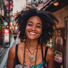 Beautiful african american woman with afro hairstyle posing in the city streets