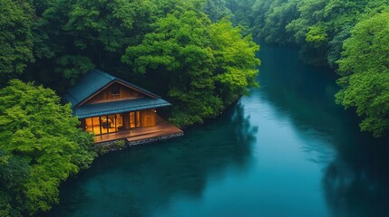 Tranquil Waters of Ancient Wisdom: Where Japanese Architecture Meets Nature's Emerald Symphony, A Solitary Lakeside Haven Whispers Stories of Zen Through Misty Mountain Air