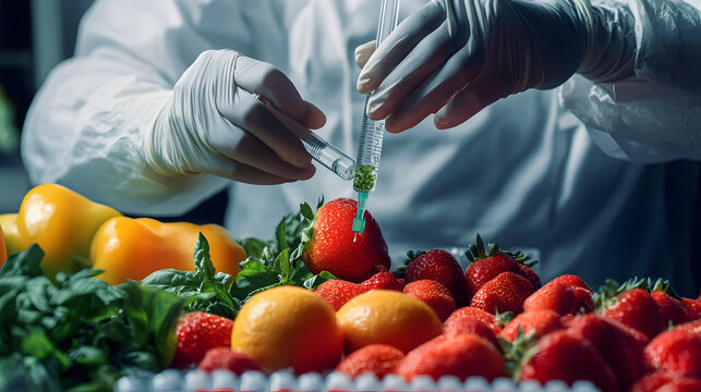 Scientist injecting nutrients into fruit, food biotech, enhancing nutritional value