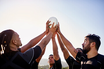 Men, team and rugby ball for outdoor, sports and challenge with exercise, wellness and fitness. Male people, athlete and recreation facility as group for match, games and training in stadium or arena