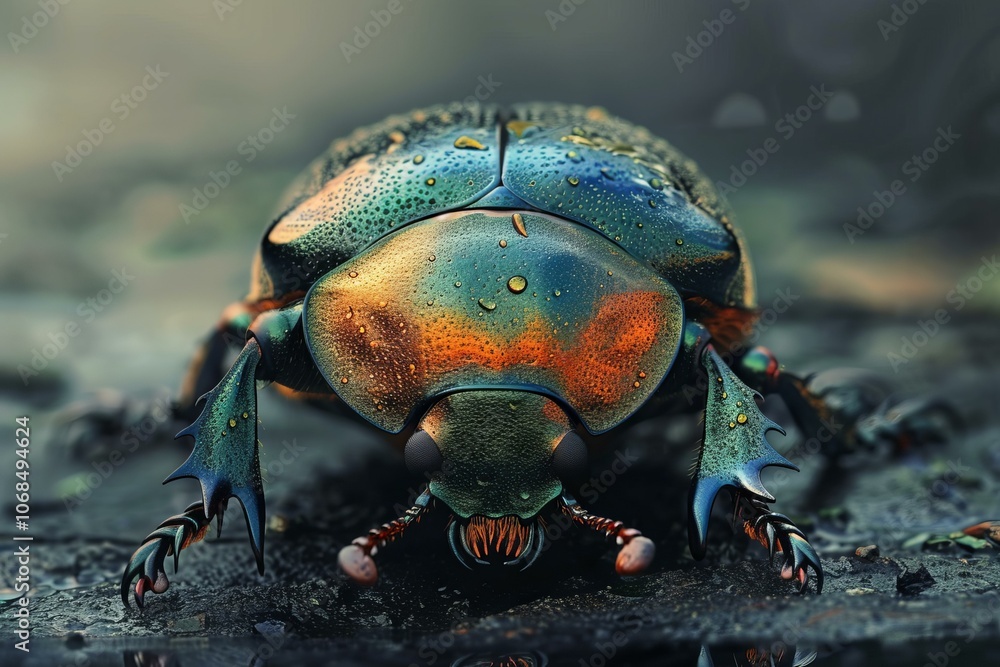 Poster metallic beetle with iridescent colors is standing on wet ground with water drops visible on its she
