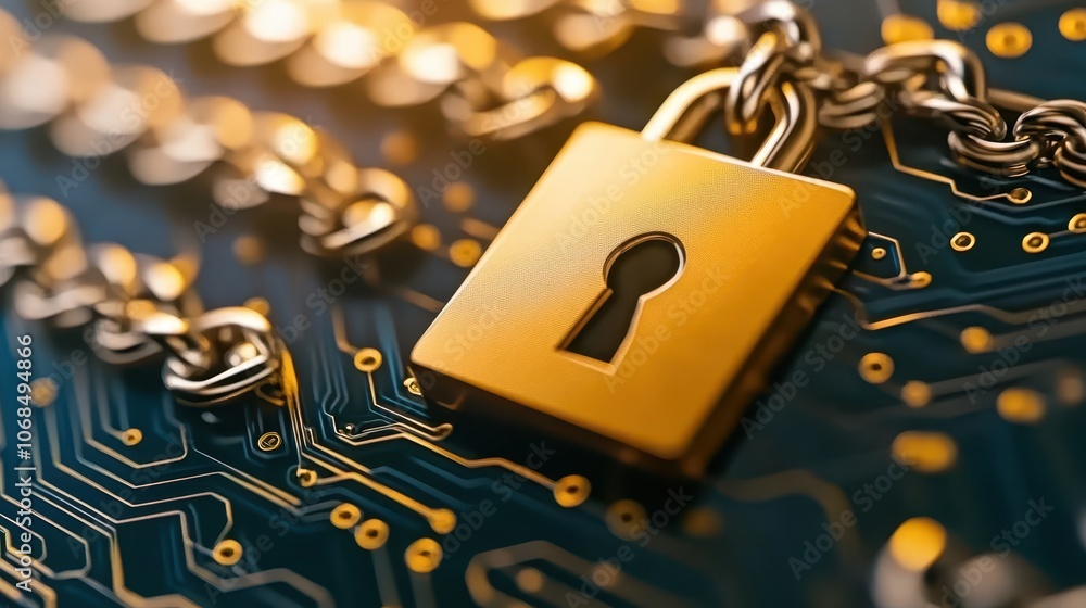 Poster enhanced digital security, padlock securing circuit board symbolizing data protection and network in