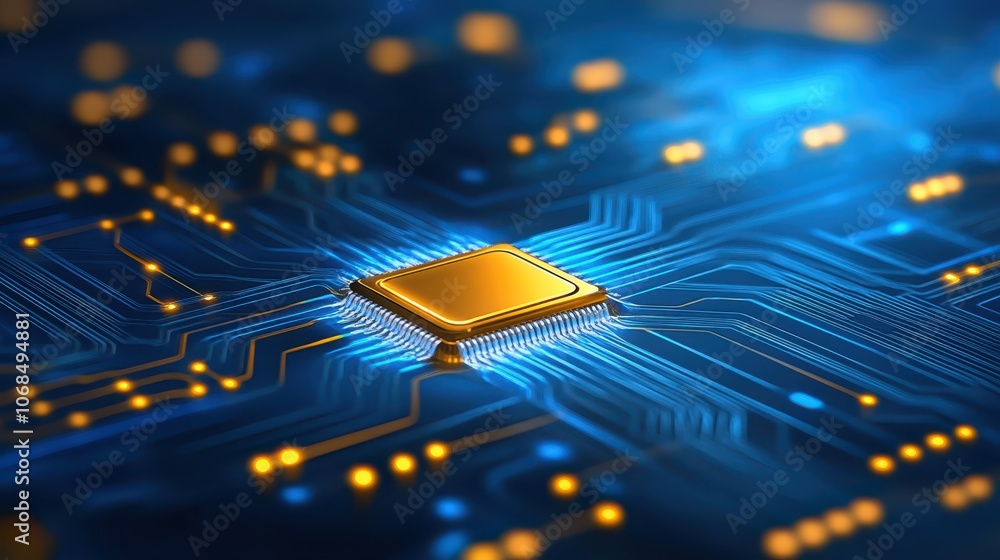 Poster golden chip on circuit board, closeup view of intricate connections and electronic components in com