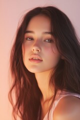 Naklejka premium Radiant young woman with glowing skin in soft lighting