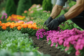 A landscaper carefully plants colorful seasonal flowers in a garden bed, enhancing the landscape's beauty during the spring season with diligent care.