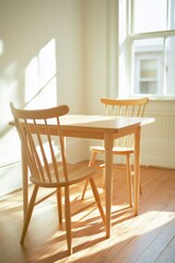 Fototapeta premium Minimalist Scandinavian Kitchen with Birchwood Furniture and Sunlit Ambiance
