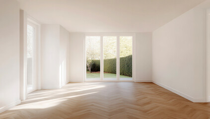 Spacious modern room with large windows and parquet flooring