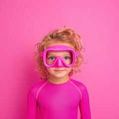 Adorable child dressed as a diver in pink outfit with goggles standing against a bright pink background