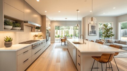 Modern Kitchen with White Cabinets and Island, Hardwood Floors, and Patio Views
