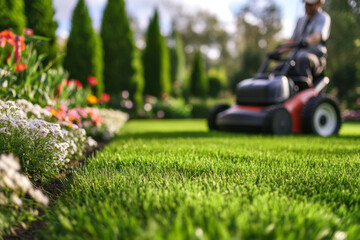 A landscaper is focused on trimming an expansive, well-maintained lawn using a lawnmower. The surrounding garden features vibrant flowers and neat hedges, enhancing the home's curb appeal.