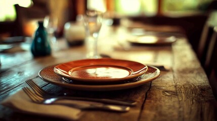 Close-up of ceramic plates, silverware, and napkins neatly arranged on a wooden kitchen table, ready for a family meal