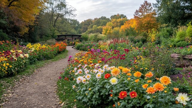Garden filled with vibrant chrysanthemums, symbolizing the richness and beauty of autumn flowers