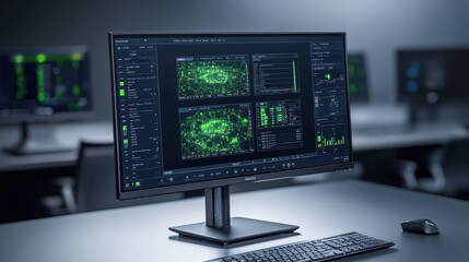 Naklejka premium Vibrant green plant displayed on bright computer monitor, closeup view of natural beauty in the digital world