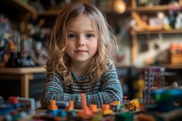 Fototapeta premium Imagination in Motion: A Young Child Engaged with Colorful Building Blocks Amongst a Cozy Workshop of Creativity