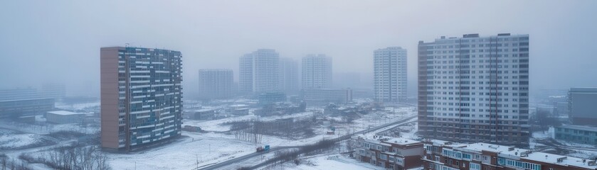 Fototapeta premium Smog-Filled Urban Landscape: A Gloomy Cityscape Shrouded in Smoky Air and Hazy Horizons
