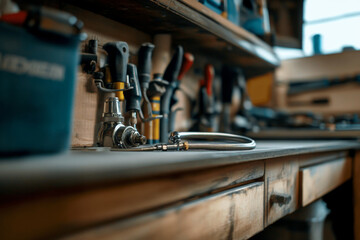 A plumber uses a drain snake to clear a blockage in a workshop filled with various plumbing tools and equipment under natural light.