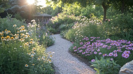 Fototapeta premium Garden of purple coneflowers and daisies, symbolizing the richness and diversity of summer flowers