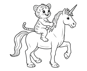 A tiger riding a unicorn coloring page