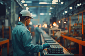 A worker in protective gear meticulously inspects items on a conveyor belt in a busy manufacturing facility. The atmosphere is illuminated by soft, warm lights.