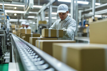 A team member is carefully placing packaged items onto a conveyor belt in a bustling warehouse. The facility is well-lit and highly organized, showcasing an efficient workflow.
