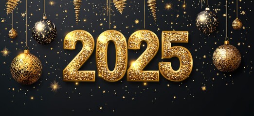 Festive 2025 golden numbers with enchanting sparkle and elegant holiday decorations creating a celebratory New Year's atmosphere