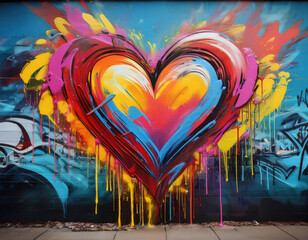 A vibrant graffiti heart painted with aerosol on a wall.  Street art concept.
