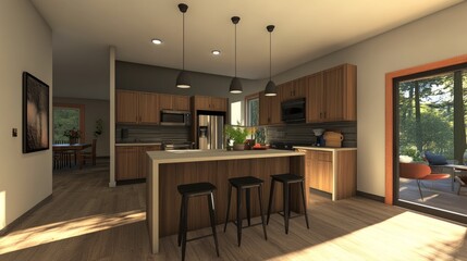 Fototapeta premium Modern open-concept kitchen with sleek cabinets, a spacious island, and bar stools, perfect for social gatherings and cooking.