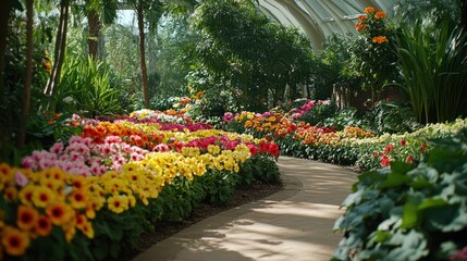 Obraz premium Garden with colorful petunias and begonias in full bloom, representing a lively floral background