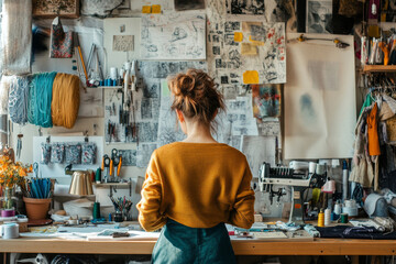 In a bright, cluttered studio, a seamstress methodically arranges her sewing materials while surrounded by sketches and vibrant threads, preparing for her next project.