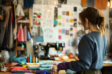 Fototapeta premium In a bright, cluttered studio, a seamstress methodically arranges her sewing materials while surrounded by sketches and vibrant threads, preparing for her next project.