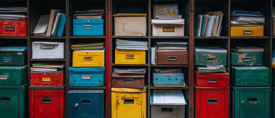 Various colored storage drawers are filled with documents and papers, creating a lively yet disorganized atmosphere in a workspace