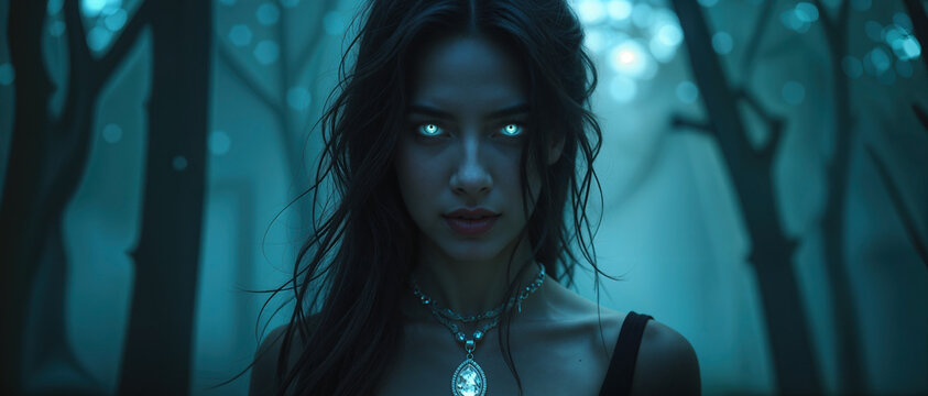 Witch in the woods, shapeshifter with magical necklace and glowing eyes, black hair taking on the form of a beautiful young damsel in distress, unseen moon and silhouette's of cursed trees