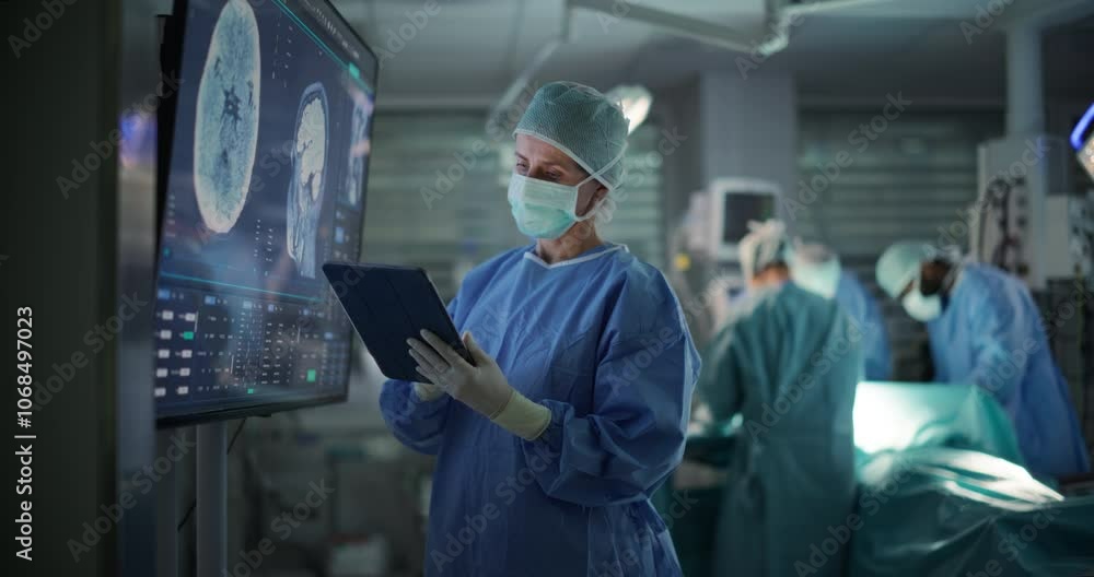 Poster lead surgeon reviews critical brain scans displayed on a monitor as well as health data on a tablet 