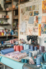 In a bright and organized sewing workspace, a seamstress arranges various colorful spools of thread beside her vintage sewing machine, creating an inspiring atmosphere.