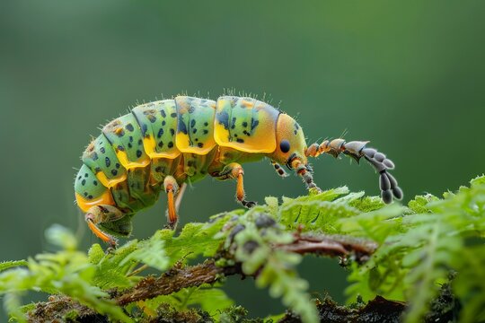 Macro photography showcasing a colorful flatid planthopper insect crawling on a green leaf in its natural environment