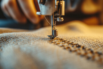 A seamstress attentively stitches fabric at her workstation, demonstrating precision and skill. Her hands guide the material while the sewing machine hums softly in the warm, inviting environment.